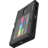 Portable LED RGB light with angled body and display window showing colored bars