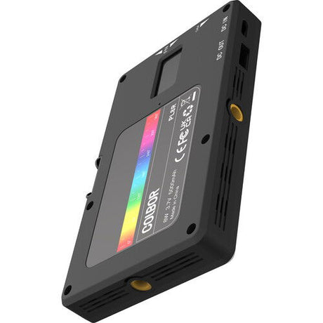 Portable LED RGB light with angled body and display window showing colored bars