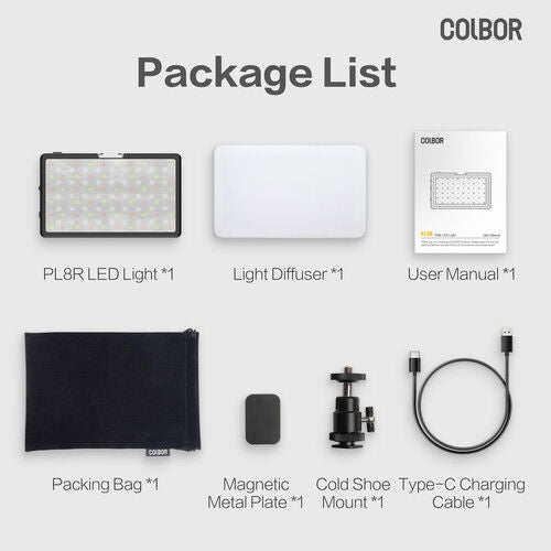 Package contents: portable LED RGB light with diffuser, manual, pouch, mount, and charging cable