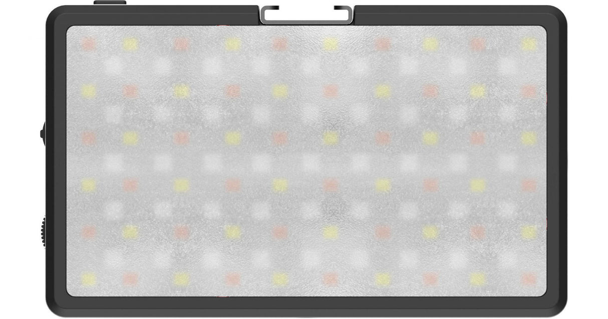 Front LED array on black portable LED RGB light, viewed head-on