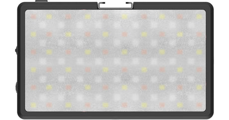 Front LED array on black portable LED RGB light, viewed head-on