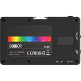 Back of portable LED RGB light showing controls, DC IN/DC OUT ports and PL8R label