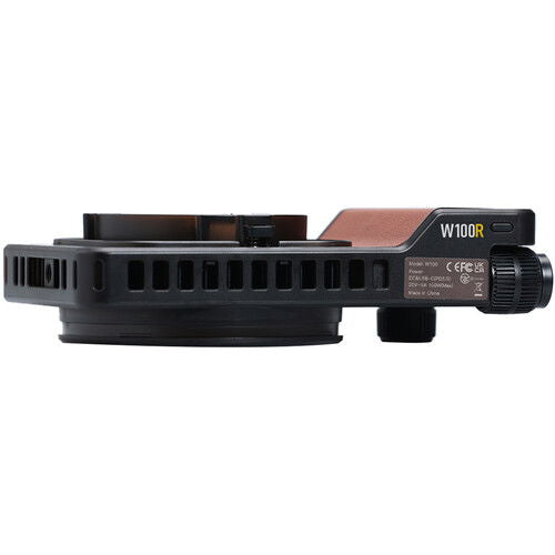 Portable 100W LED RGB light, side profile with vented body and W100R marking