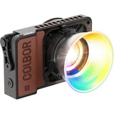 Portable LED RGB light, 100W, front lens with glowing multicolor ring effect