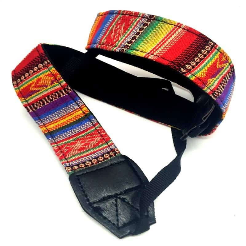 Curea aparat foto textil multicolor, cu prindere neagră și chingi reglabile