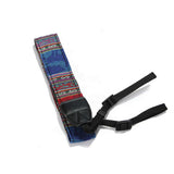 Multicolor woven camera strap with black buckle sections and two adjustable loops