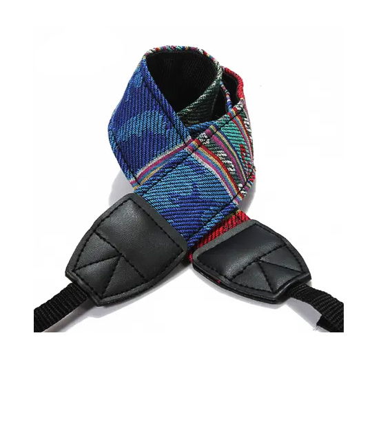 Blue-and-multicolor camera strap with black padded connector and adjustable straps