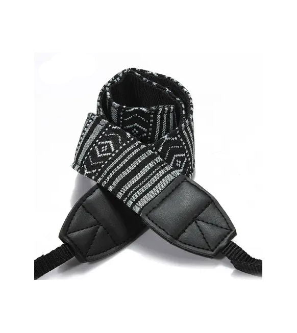 Curea aparat foto textil alb-negru BW1, cu model geometric și prinderi căptușite