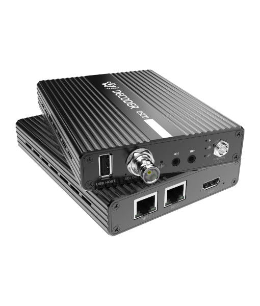 D300 decoder front I/O showing USB host, audio/video knobs, and HDMI output ports