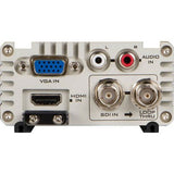 Rear I/O panel with VGA IN, HDMI IN, L/R audio in, and loop thru RCA jacks