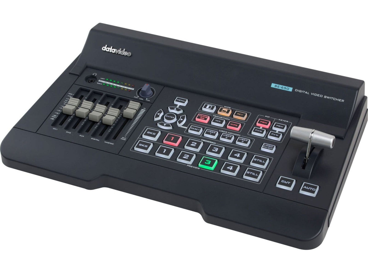 HD digital video switcher with control panel, sliders, and multi-button interface