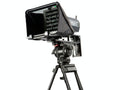 Teleprompter with hood, mounted on tripod-style stand and camera mounting base