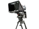 Teleprompter with hood, mounted on tripod-style stand and camera mounting base
