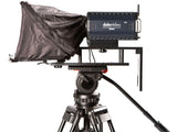 Teleprompter side view with dark hood, control module on mounting bar over tripod