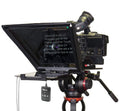 Prompter video pentru tabletă cu panou afișaj deschis și telecomandă neagră