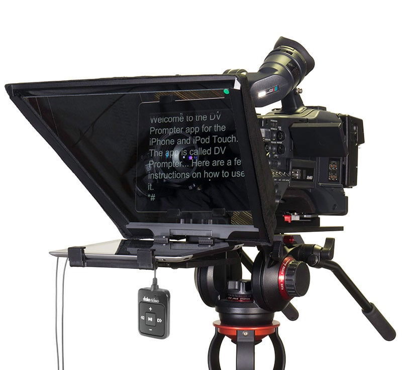 Prompter video pentru tabletă cu panou afișaj deschis și telecomandă neagră