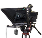 Prompter video pentru tabletă cu panou afișaj deschis și telecomandă neagră