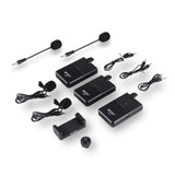 UHF wireless lavalier mic kit with two lapel microphones and several black belt packs