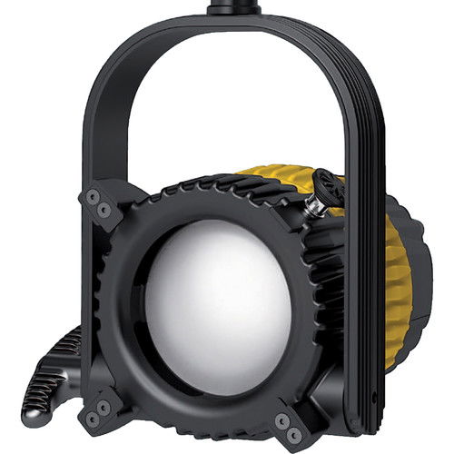 Black daylight LED light fixture with circular lens and side cooling fins