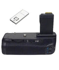 Camera battery grip with remote, visible side controls and bottom latch, for Canon DSLR
