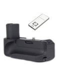 Black camera battery grip with remote control attachment and shutter release