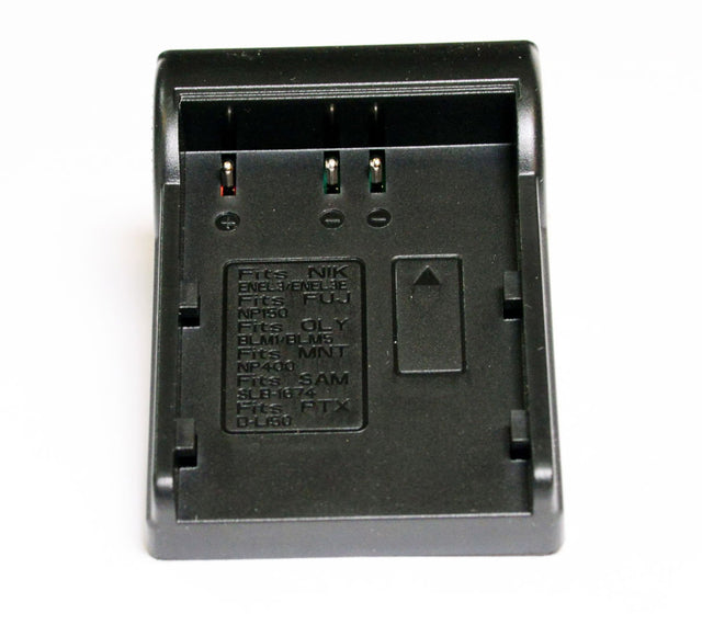Interchangeable battery plate adapter, black with labeled battery contacts and clips