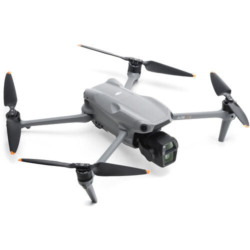 Air 3S drone with built-in camera gimbal, gray body and four propellers.