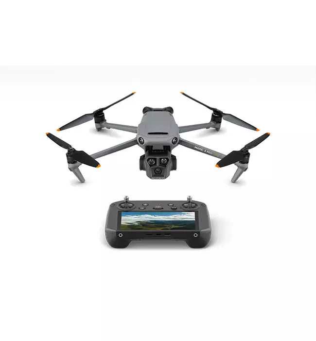 DJI Mavic 3 Pro drone with four propellers and gray remote controller