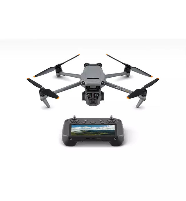 DJI Mavic 3 Pro drone with four propellers and gray remote controller