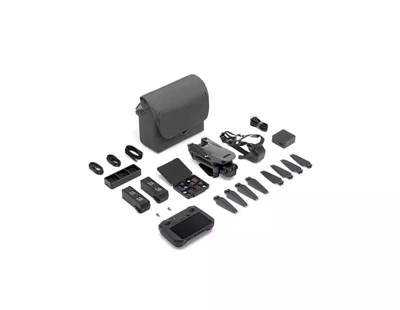 Mavic 3 Pro combo components laid out: drone, case, batteries, remote, and propellers