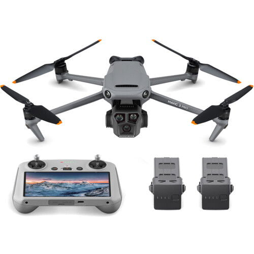 Mavic 3 Pro drone with remote controller screen and two spare battery packs