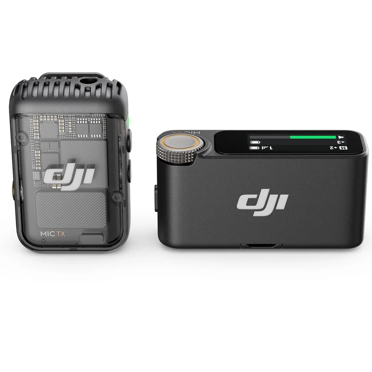 Sistem microfon wireless Mic 2: emițător și receptor negre, vedere față-laterală