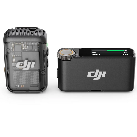 Sistem microfon wireless Mic 2: emițător și receptor negre, vedere față-laterală