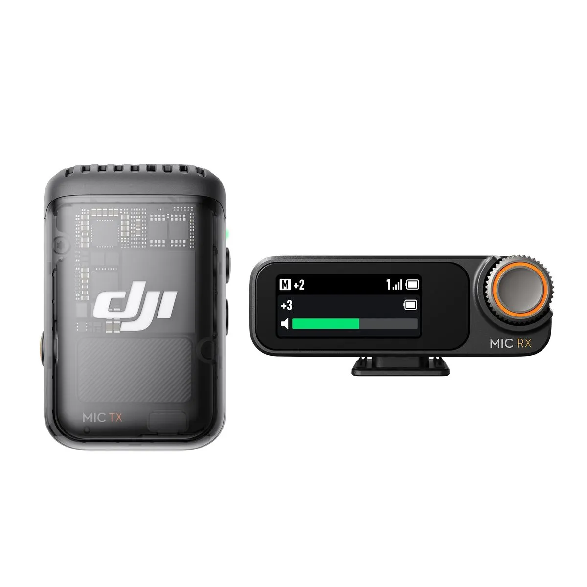 Receptor Mic 2 cu display și buton rotativ, alături de emițător negru