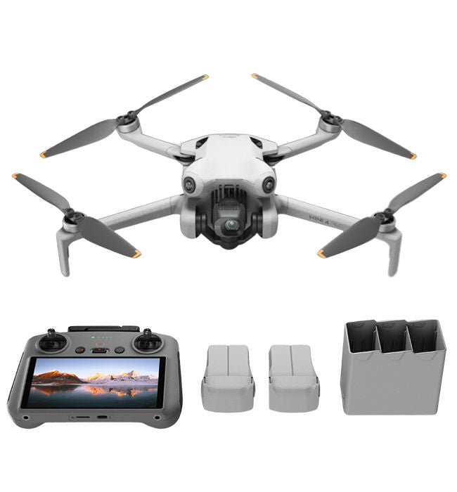 Mini 4 Pro drone, four propellers, front camera view, white body with dark gray arms