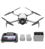 Mini 4 Pro drone, four propellers, front camera view, white body with dark gray arms