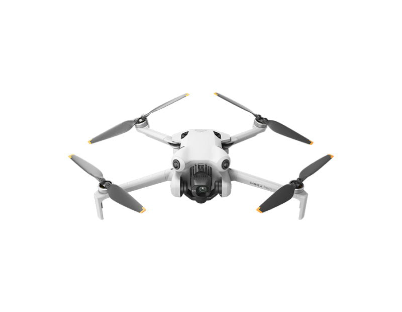 Mini 4 Pro drone, four propellers, top view, white body with dark gray blades