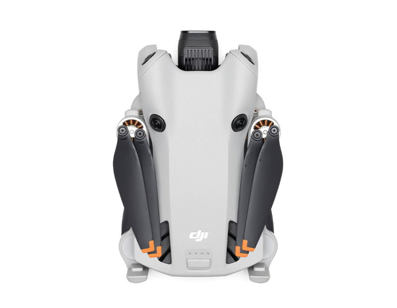 Mini 4 Pro drone rear view, white shell with vents, dark gray arms and prop guards