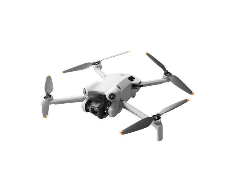Mini 4 Pro drone, angled side view, white frame with four gray propeller blades