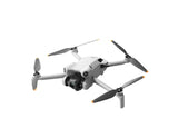 Mini 4 Pro drone, angled side view, white frame with four gray propeller blades