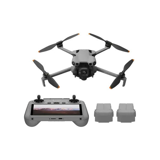 Drone cu patru elice, telecomandă cu ecran și două baterii gri