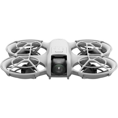 Dronă DJI Neo Drona albă cu 4 elice și cameră frontală vizibilă