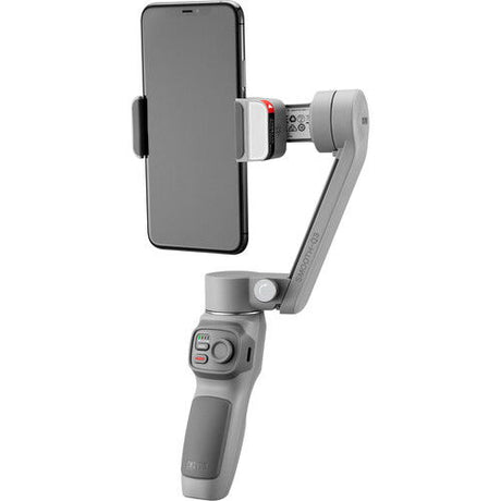 Smooth Q3 gimbal stabilizer holding a phone upright, gray grip and arm