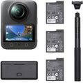 360 action camera with front lens and touchscreen display, dark gray body