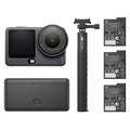 Action camera with screen, mounting handle, and three batteries