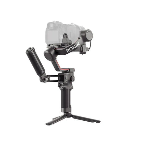 RS 3 stabilizer gimbal with camera mounted on tripod legs, black