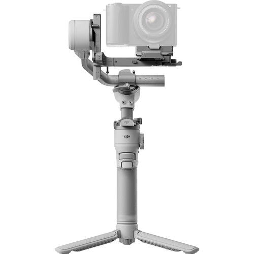 Light gray 3-axis gimbal, front view with camera mount and extended handle