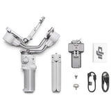 3-axis gimbal kit in light gray: handle, mount bracket, cables, and plates