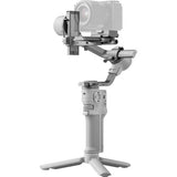 Light gray 3-axis gimbal with camera mount, side view, three tripod feet