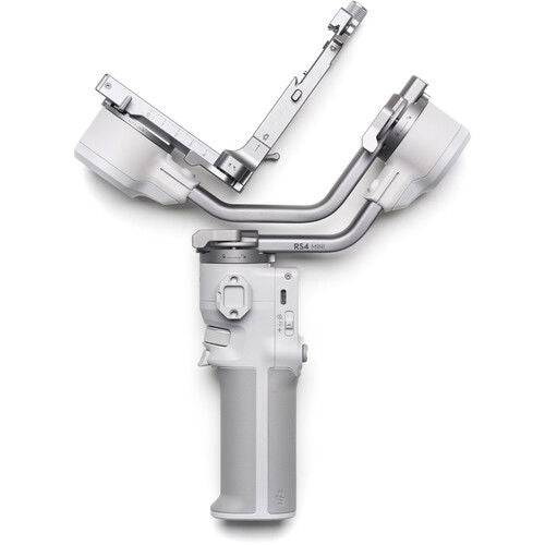 Light gray 3-axis gimbal with camera mount, front view, upright handle